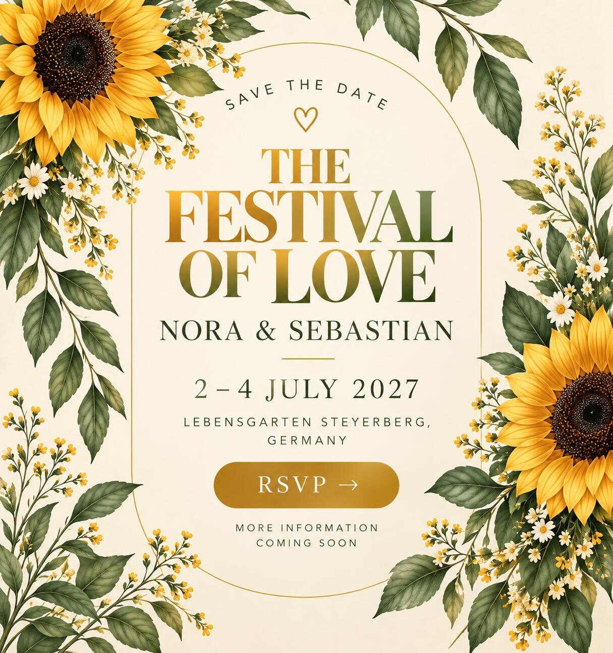 Save the date. The Festival of Love. Nora & Sebastian. 2 to 4 July 2027. Lebensgarten Steyerberg, Germany. More information coming soon.